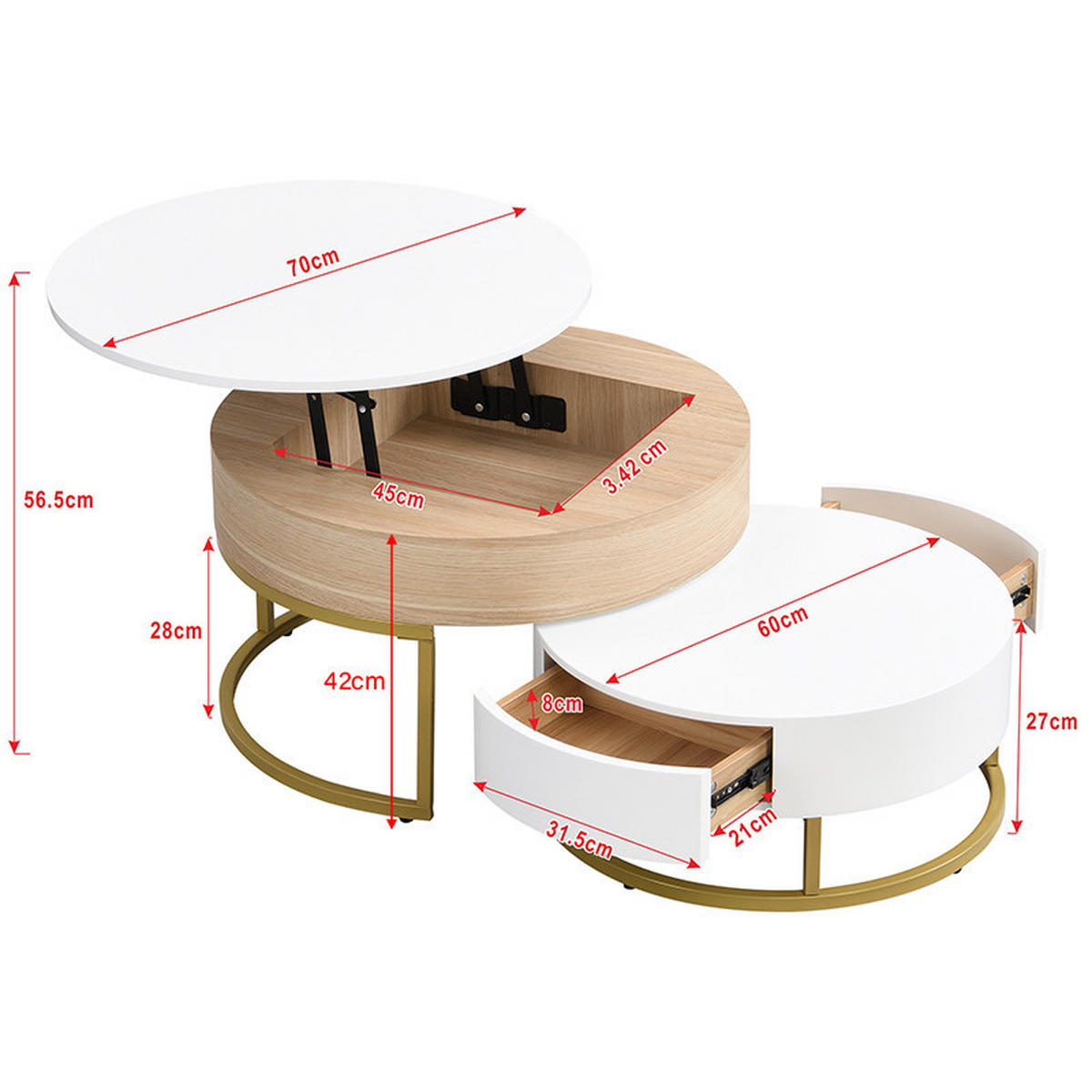 COUCHTISCH Weiß Holzoptik mit Hubfunktion und 2 Schubladen - Weiß, Metall (70/70/56cm)
