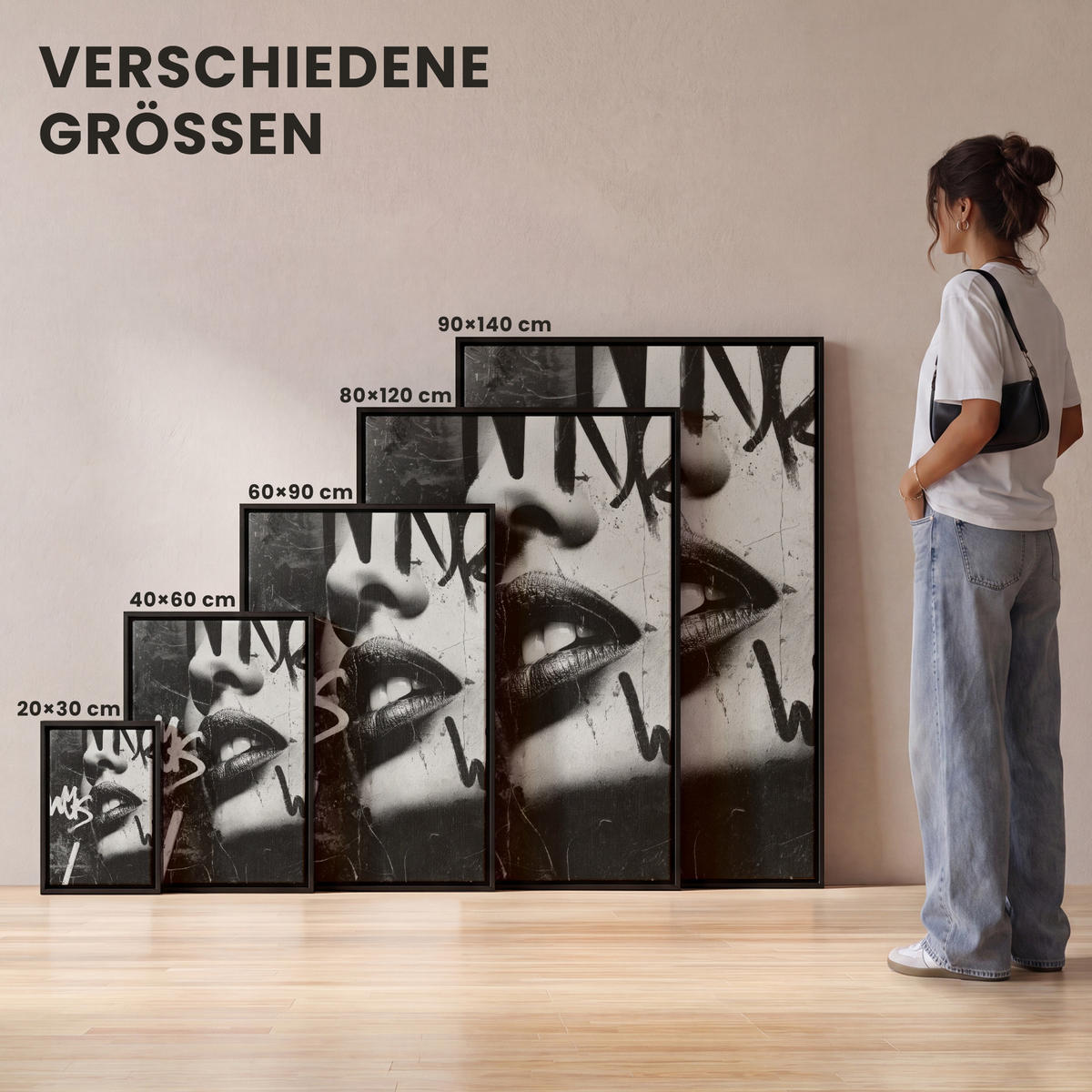 LEINWAND Bilder mit Rahmen - Gesicht - Mund - Graffiti - Schwarz - 40x60 - Schwarz, Textil (40/60cm) - MuchoWow