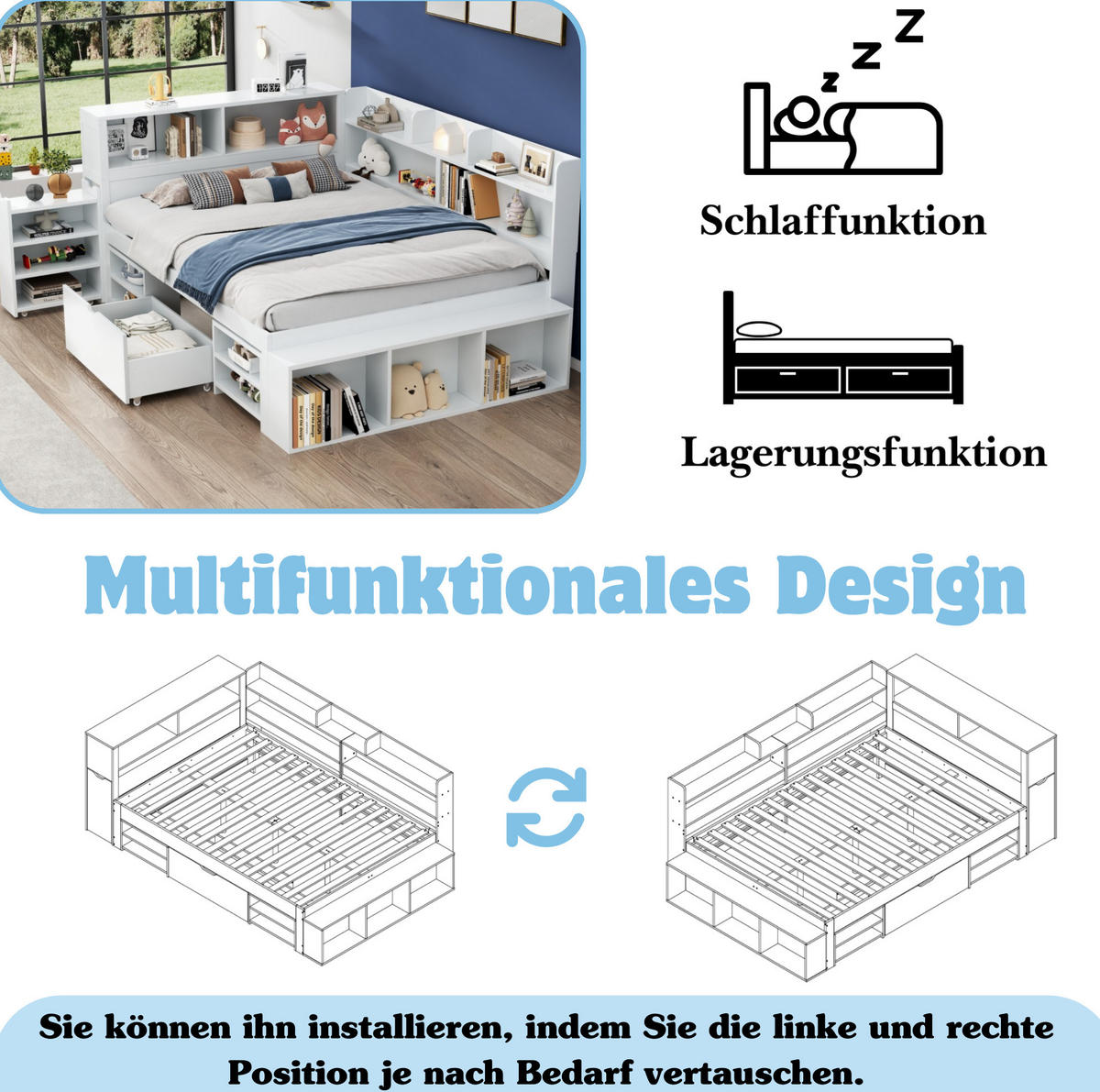 KINDERBETT 140/190 cm Weiß mit Schubladen und Regalfächern - Weiß, Holzwerkstoff (140/190cm) - Flora Grace