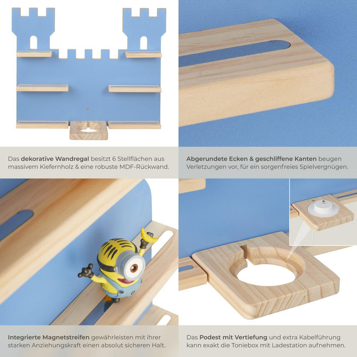 WANDREGAL für Toniebox, mit Magnetstreifen, blau - Blau, Holz (56/43/15.5cm) - tectake