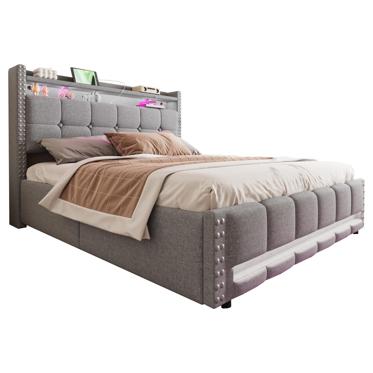 POLSTERBETT 160/200 cm hellgrau mit LED-Beleuchtung und USB-Steckdose - Hellgrau, Textil (160/200cm) - OKWISH