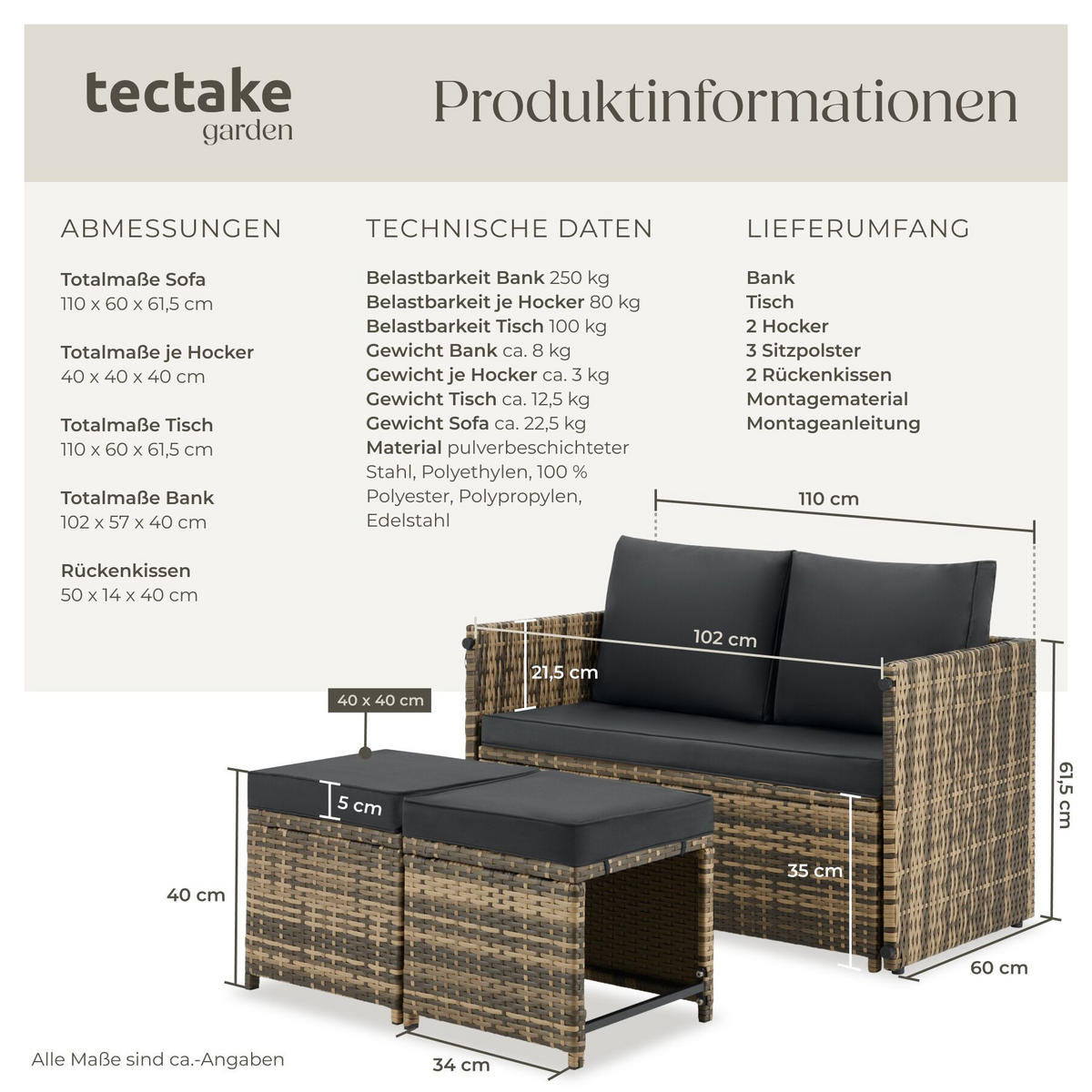 2-IN-1-RATTANLOUNGE-SET Monopoli, höhenverstellbare Tischfüße, natur - Naturfarben, Kunststoff - tectake