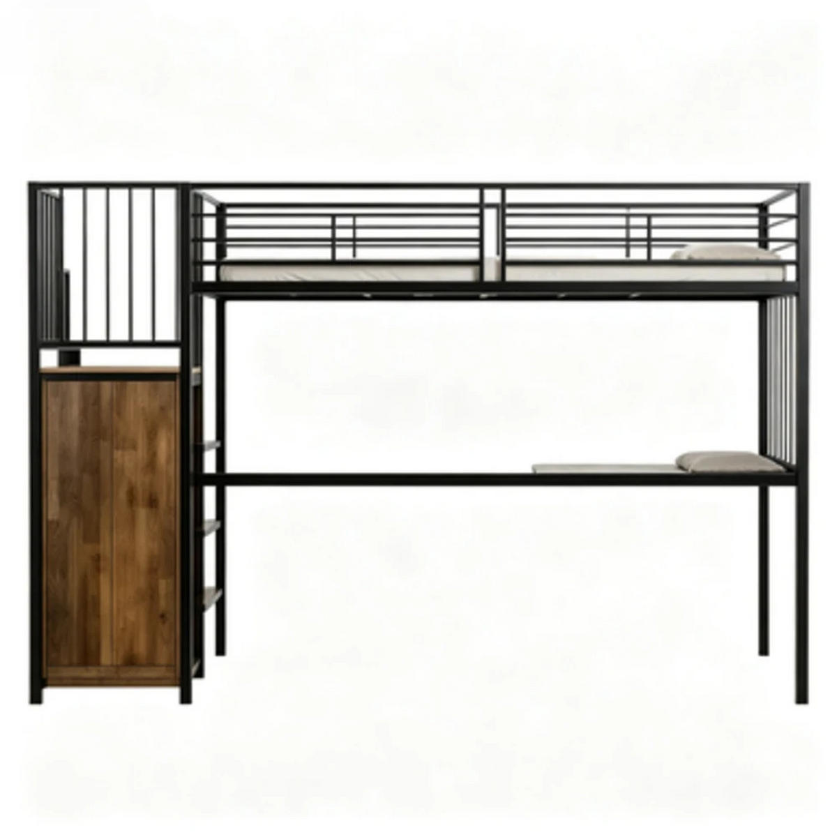 HOCHBETT 90x200 cm aus MDF & Metall mit Treppe und Kleiderschrank, schwarz-dunkelwalnuss - Schwarz, Holzwerkstoff (90/200cm) - Luhomfu