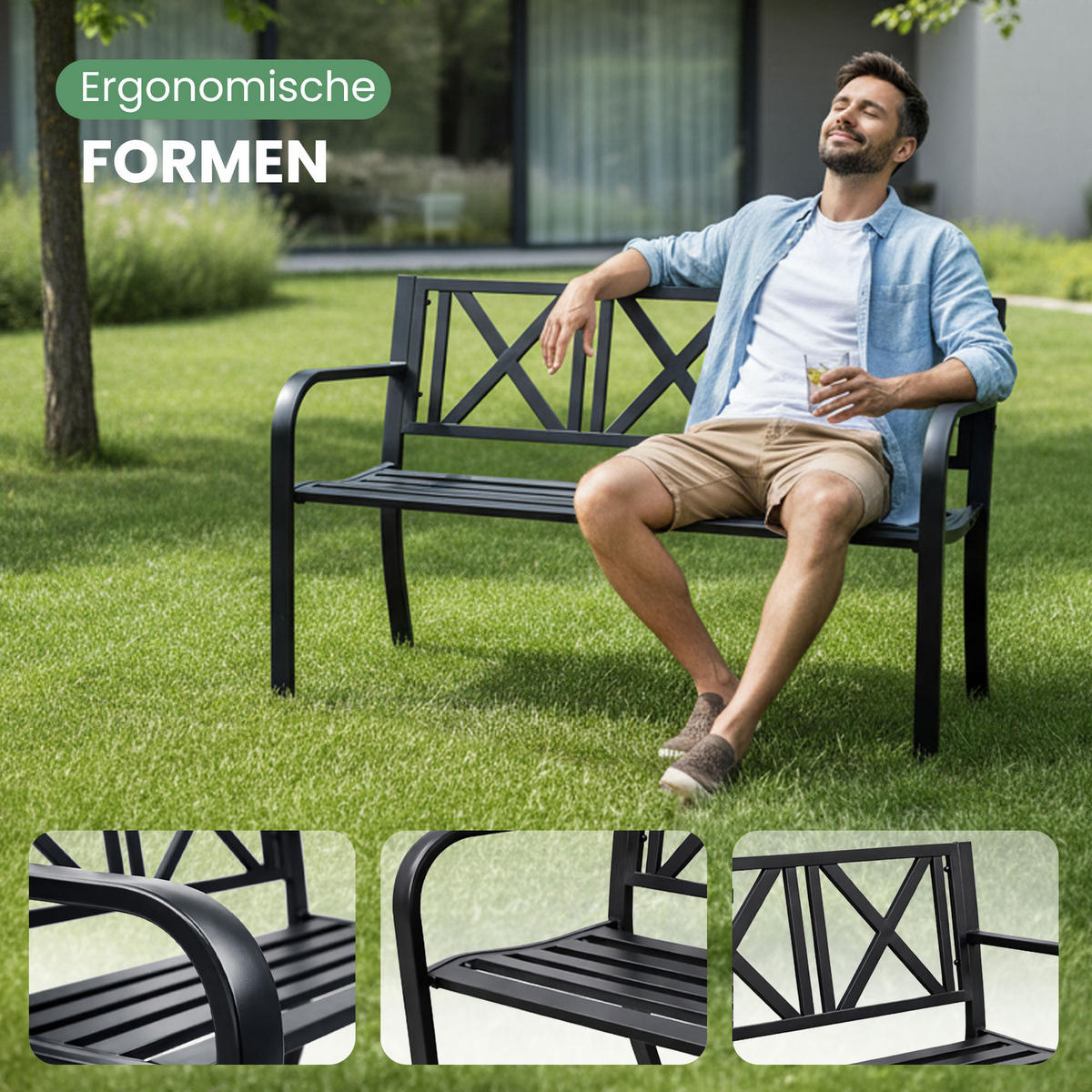 GARTENBANK CROSS Schwarz 119 x 76 x 51 cm - Schwarz, Metall (119/76/51cm) - Akord