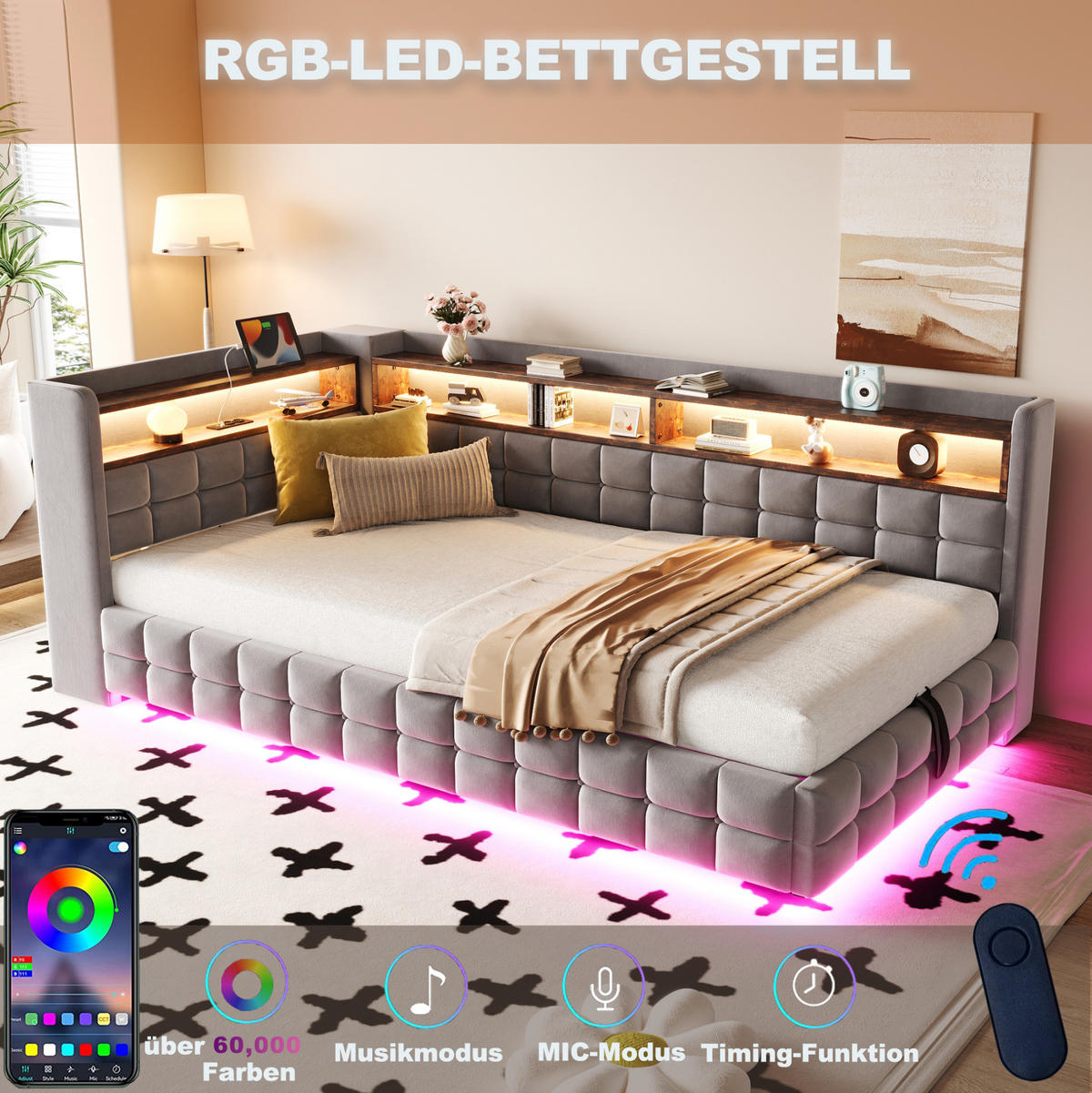 POLSTERBETT 90/200 cm aus Samt mit LED-Licht und Stauraum, Hellgrau - Hellgrau, Textil (90/200cm) - OKMYHOME