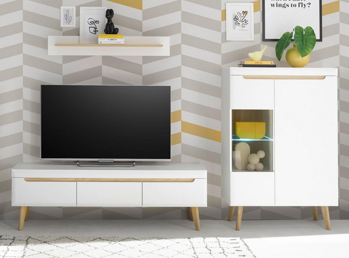 WOHNWAND 3-teilig weiß matt, Eiche, skandinavisch 270 cm, Schrankwand mit Soft-Close-Funktion - Eichefarben/Weiß, Glas/Eichenholz (270/170/40cm) - Furn.Design