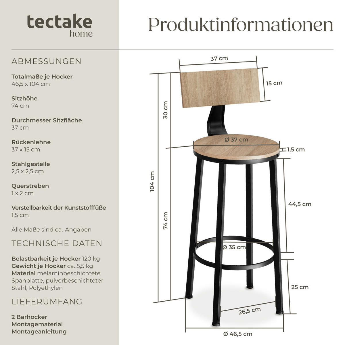 BARHOCKER 2er Set Poole,Sitzhöhe 74 cm,Industrial Holz hell - Naturfarben, Holzwerkstoff (46.5/104/46.5cm) - tectake
