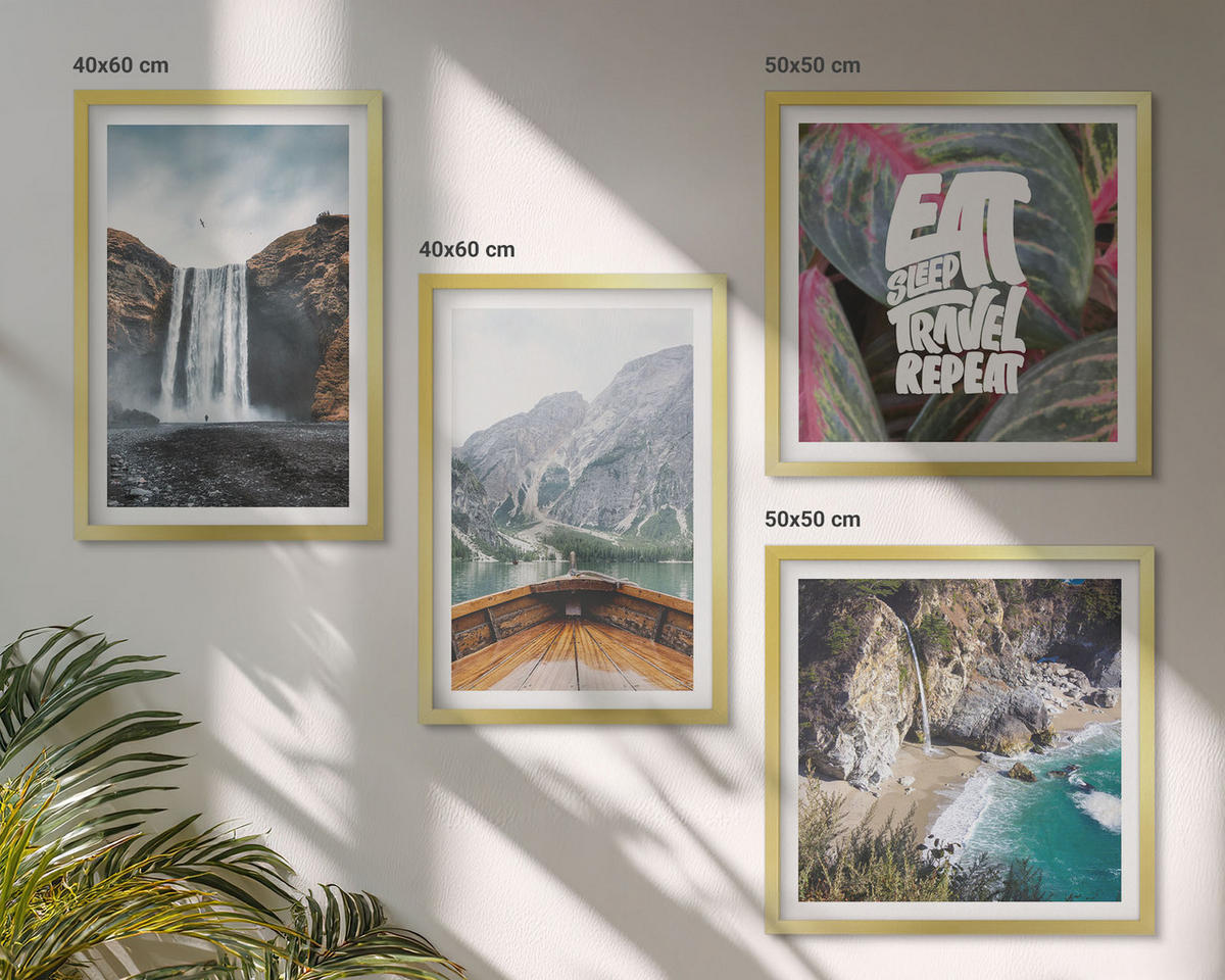 WANDBILDER 4er Set - 50x50 cm & 40x60 cm Goldrahmen - Wasserfall Bergreise Natur - Goldfarben, Kunststoff (50/50cm) - ArtPrintCave