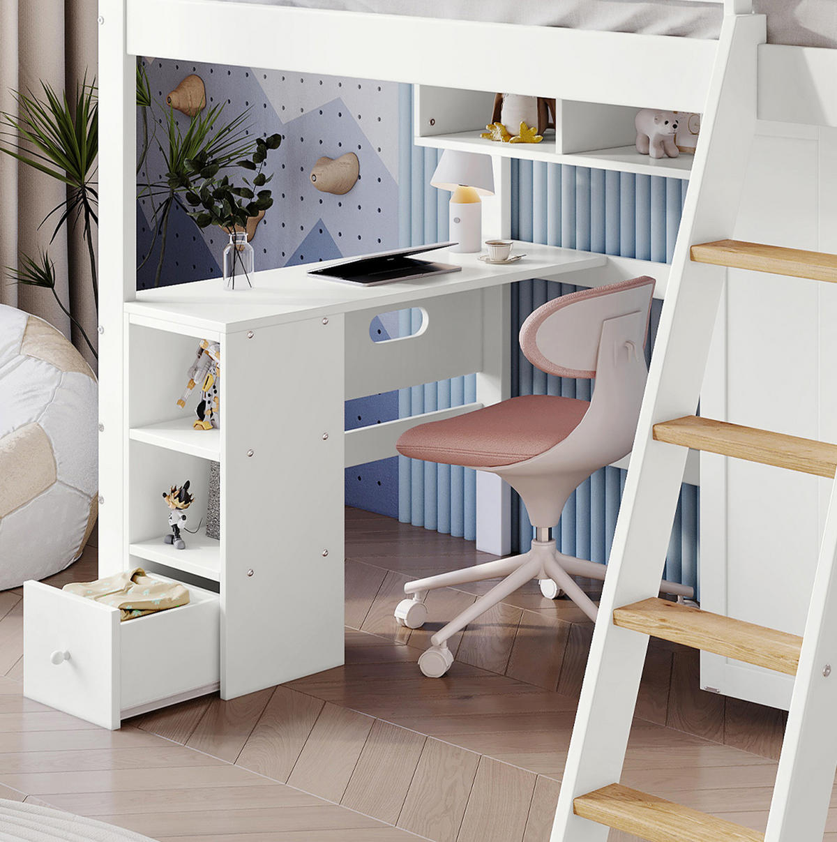 ETAGENBETT 90/200 cm aus Kiefer und MDF mit Schreibtisch und Kleiderschrank Weiß/Natur - Weiß, Holz (90/200cm) - Modenvie
