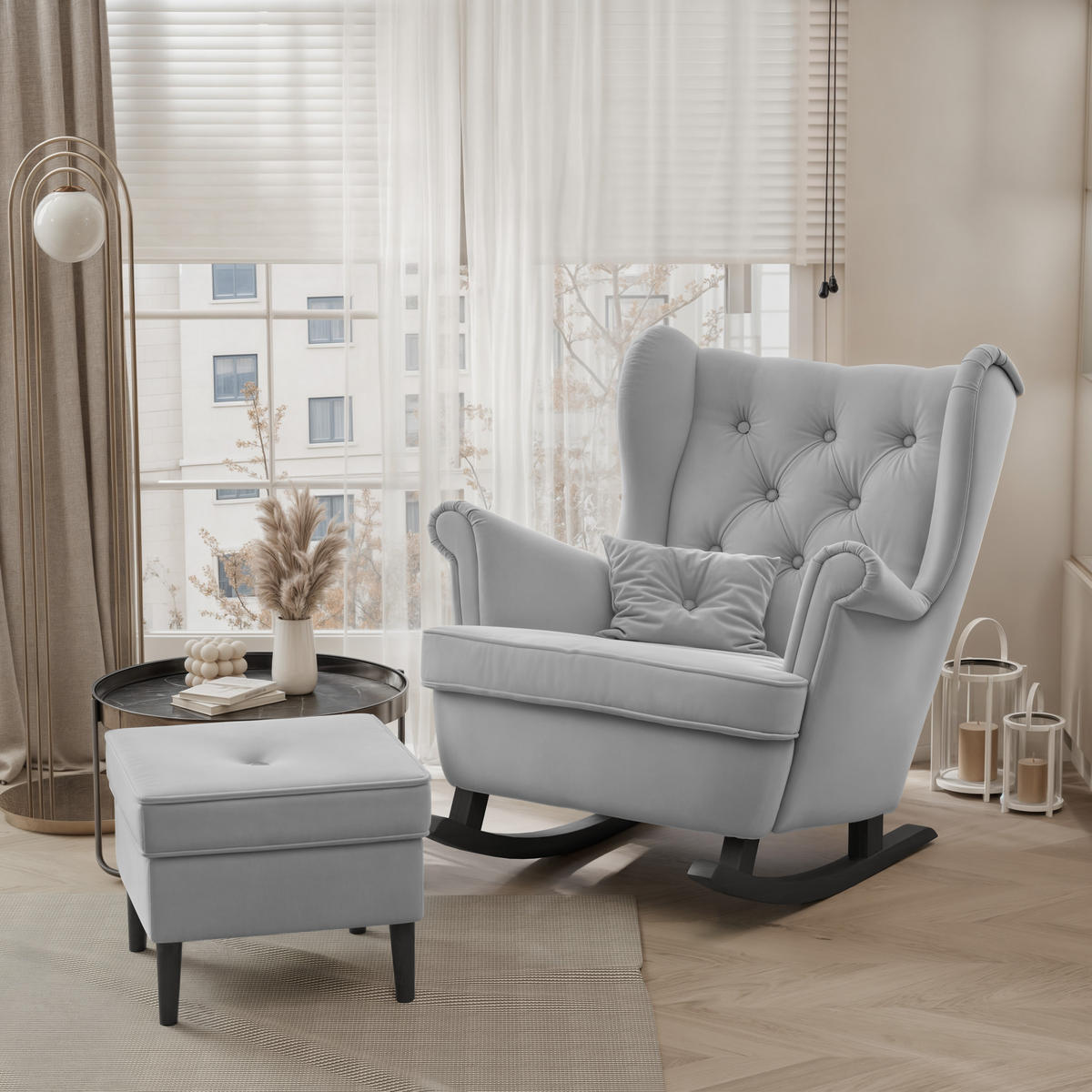 SCHAUKELSESSEL SCANDI mit hocker, Samt Grau - Grau, Holz/Textil (75/97/60cm) - Idohome