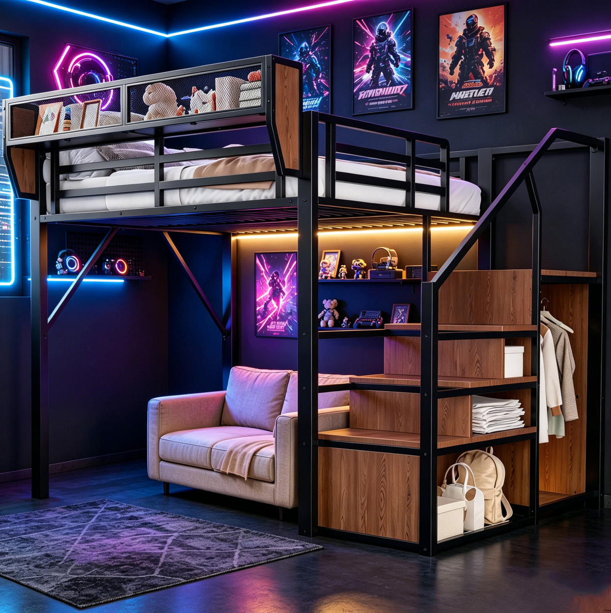 HOCHBETT 140/200 cm aus Metall mit LED-Lichtstreifen, Schwarz - Schwarz, Metall (140/200cm) - OKMYHOME