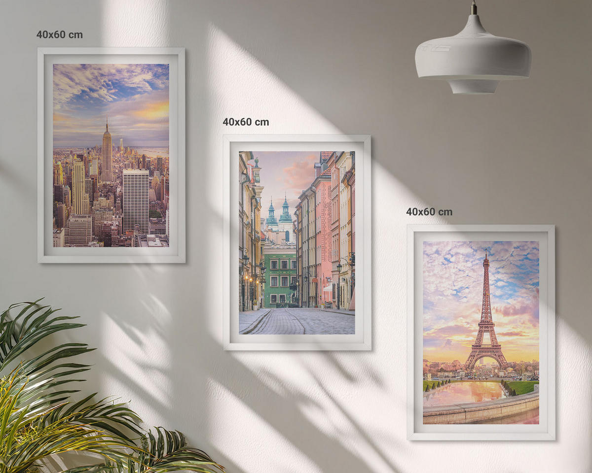 WANDBILDER 3er-Set - 40x60 cm Weißer Rahmen - Städte New York Paris Dämmerung - Weiß, Kunststoff (40/60cm) - ArtPrintCave