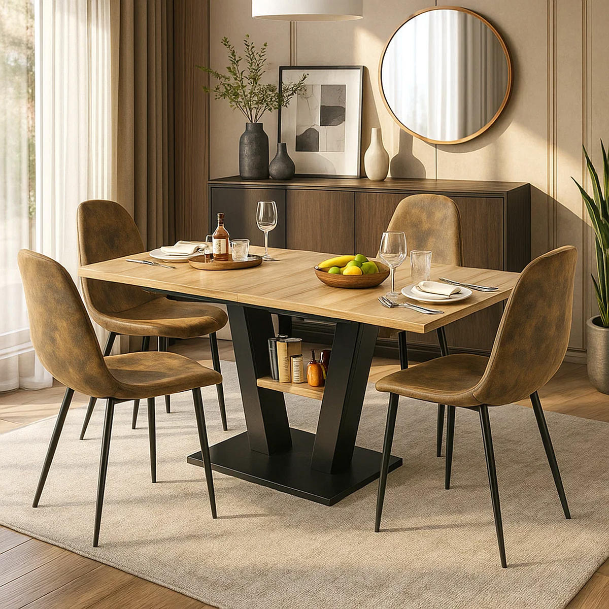 ESSTISCH SET mit 4 Stühlen Vintage Braun & Holzoptik - Braun, Holzwerkstoff/Textil (157/75/70cm) - Urban Meuble