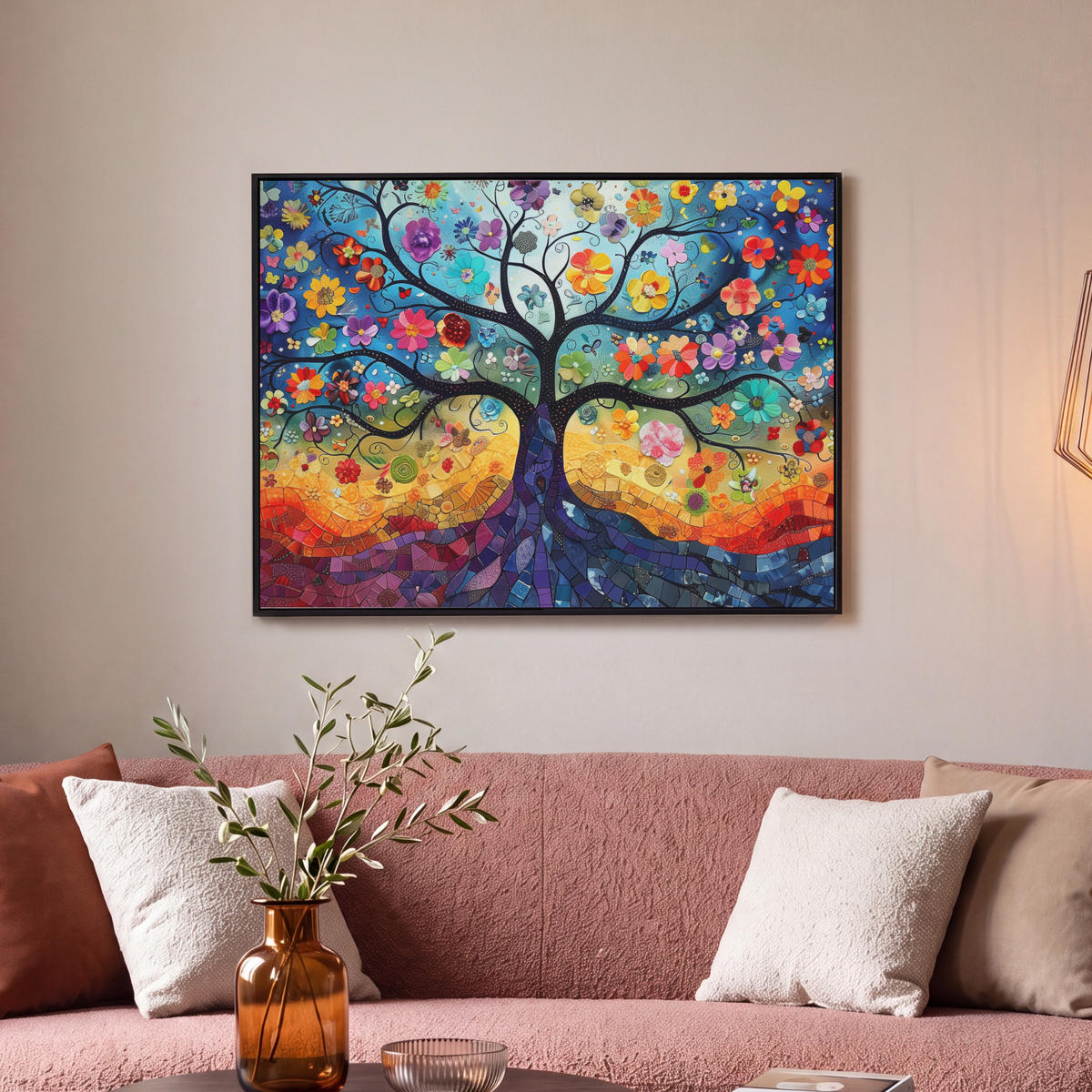 LEINWAND Bilder mit Rahmen - Kunst - Baum des Lebens - Blumen - Hippie - 70x50 - Dunkelblau, Textil (70/50cm) - MuchoWow