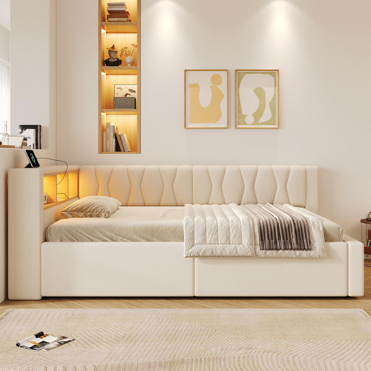 TAGESBETT 90x200cm Schlafsofa Hydraulik LED USB Beige - Beige, Naturmaterialien (90/200cm) - FLIEKS