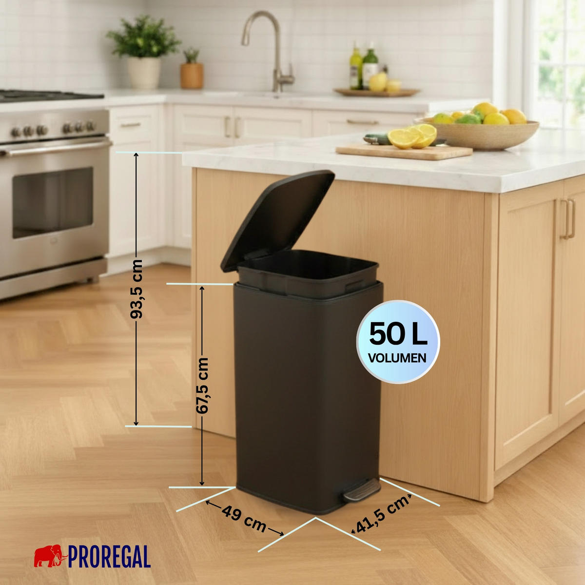 MÜLLEIMER 50 Liter mit Softclose & Fußpedal - Schwarz, Metall (41.5/67.5/49cm) - PROREGAL