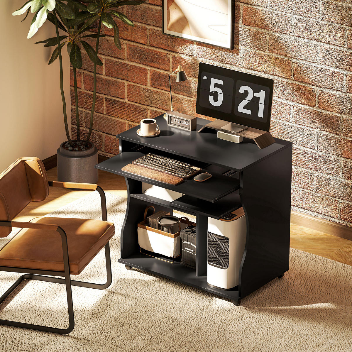 COMPUTERTISCH mit Rollen, Schwarz 80 x 48 x 75 cm - Schwarz, Holz (80/48/75cm) - HOMCOM