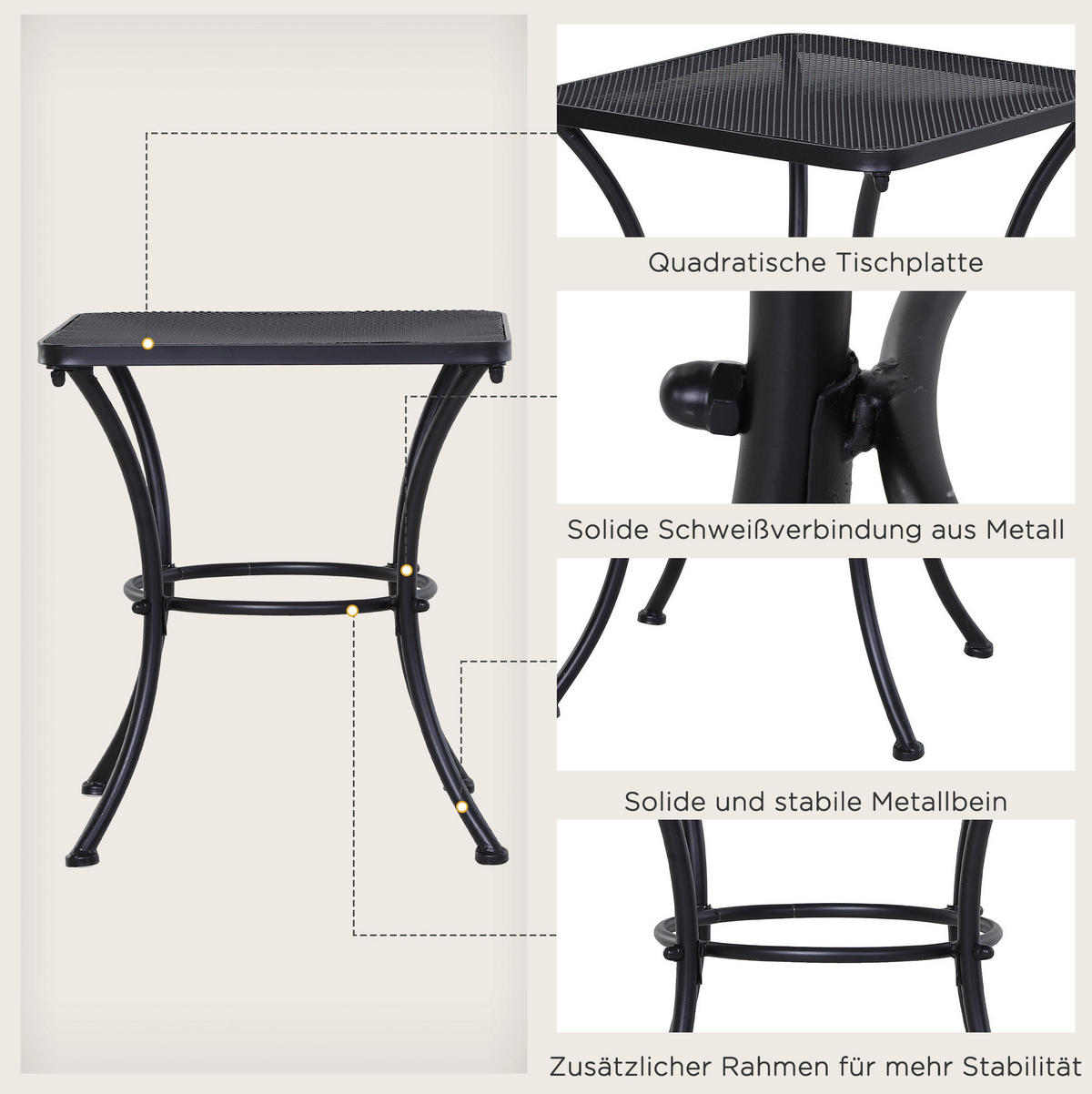 BEISTELLTISCH 45/45/50 cm aus Metall in Schwarz – quadratisch für Balkon & Terrasse - Weiß, Metall (45/45/50cm) - BEAOK