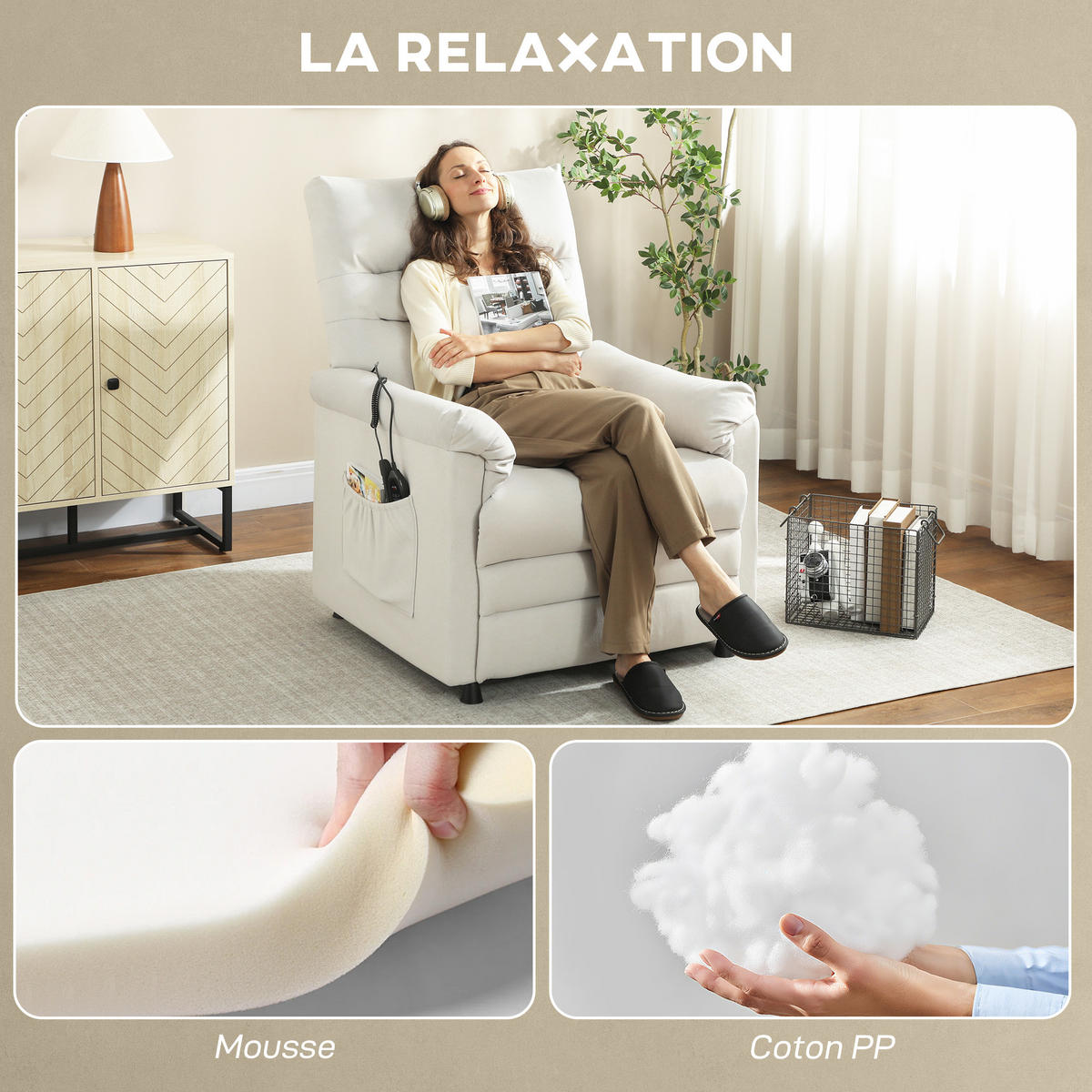 MASSAGESESSEL Creme mit Massagefunktion, Liegefunktion und USB-Anschluss 99/82/106 cm - Creme, Textil (99/106/82cm) - PANGIVO