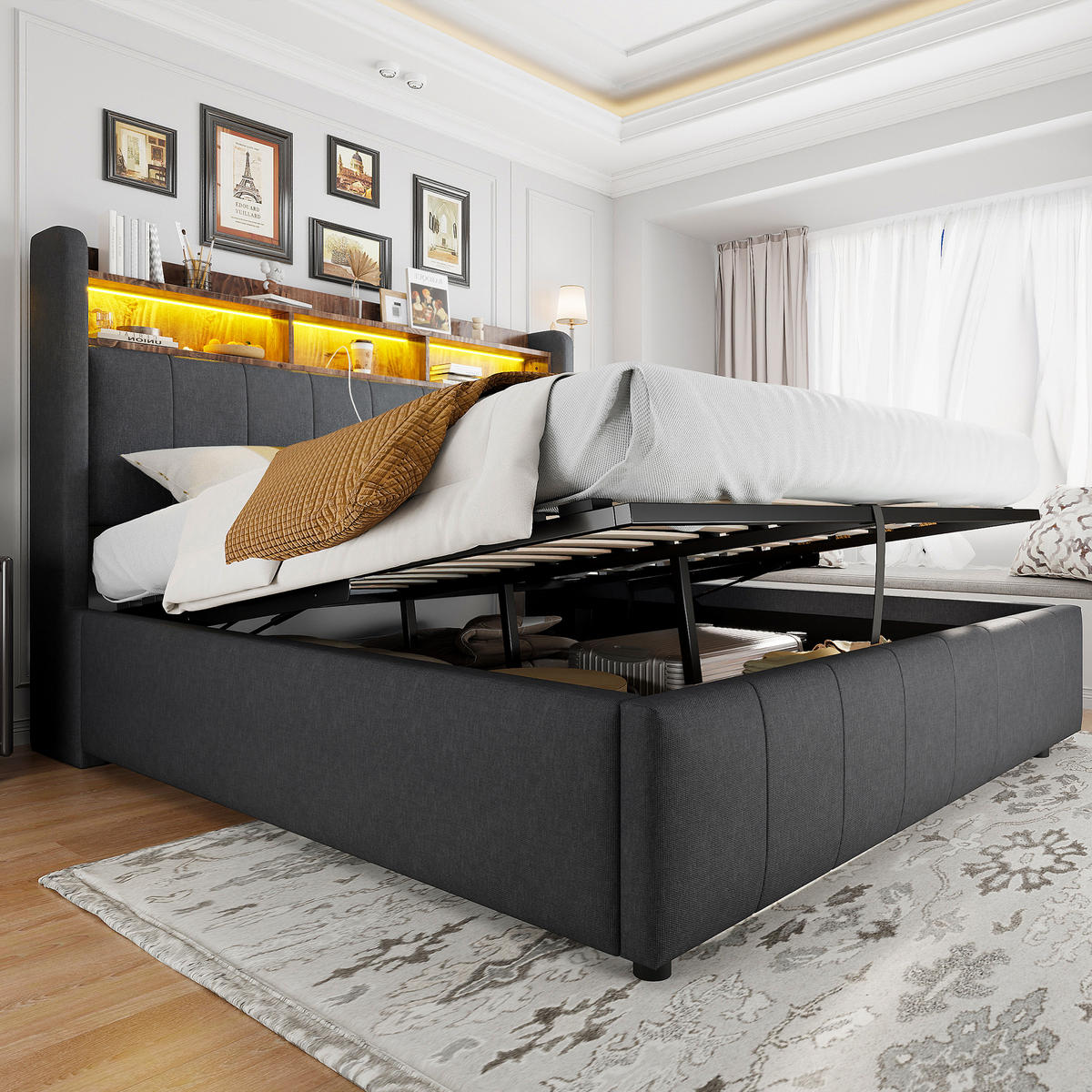 POLSTERBETT 160x200cm, LED, USB, Kopfteil Ablage+Stauraum, Grau - Grau, Textil (160/200cm)