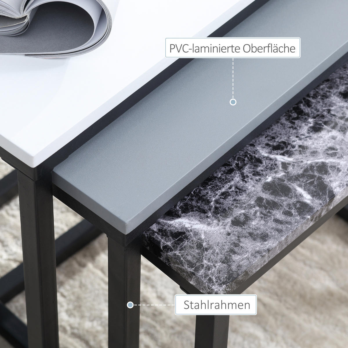 COUCHTISCH-SET, MDF, Weiß+Grau+Schwarz - Weiß, Kunststoff (55/40/45cm) - HOMCOM