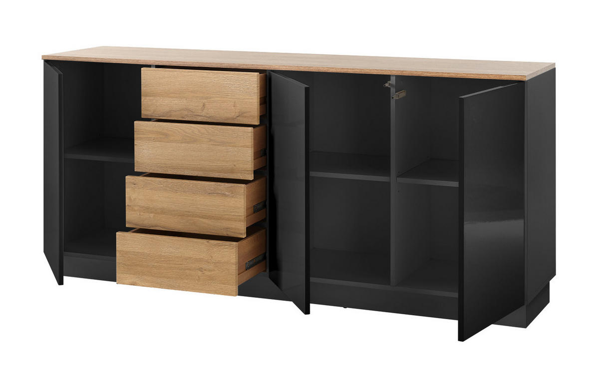 SIDEBOARD schwarz Hochglanz, Grandson Eiche, Kommode 181 x 85 cm - Schwarz Hochglanz/Eichefarben, Holzwerkstoff (181/85/43cm) - Furn.Design