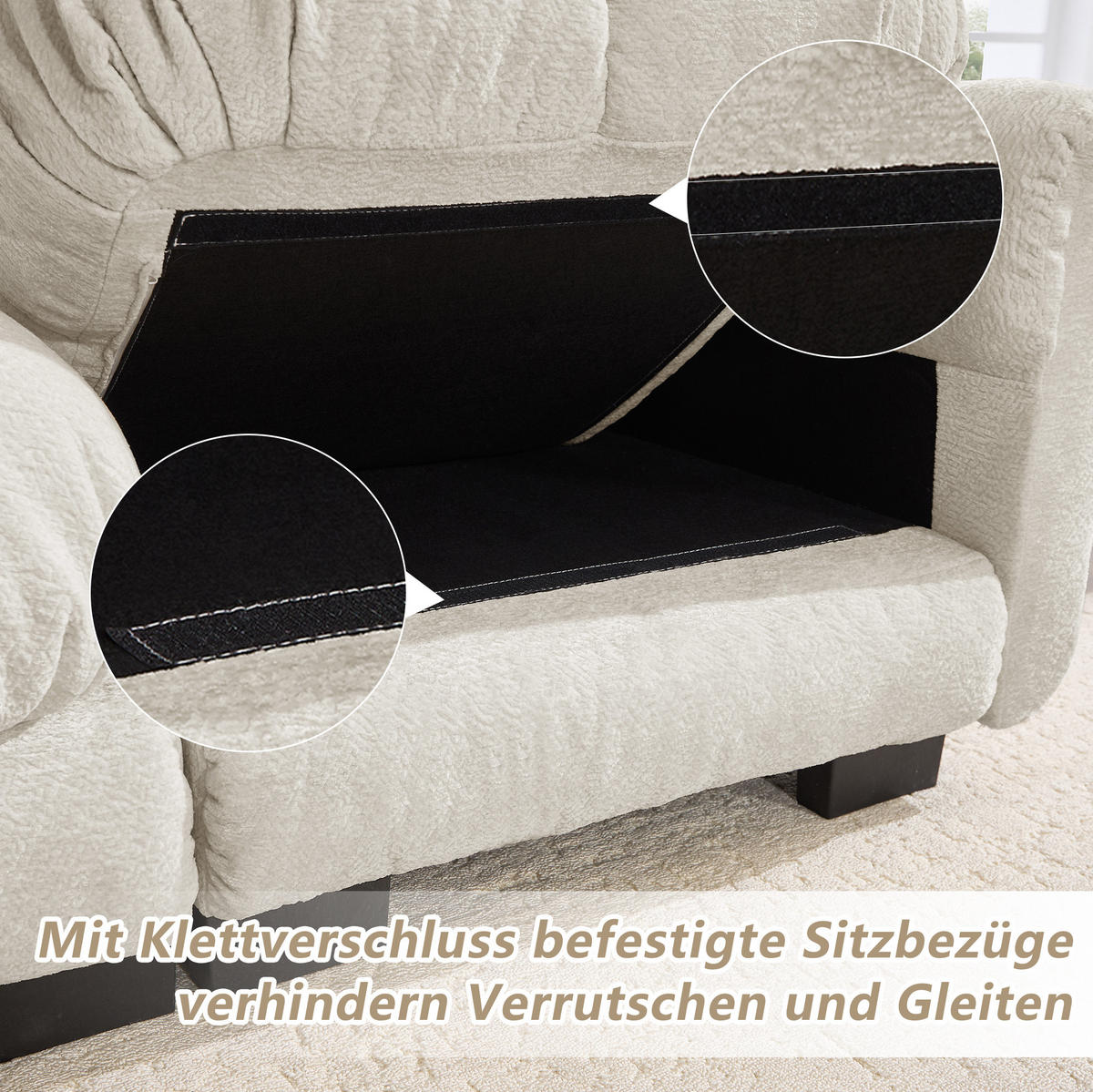 SOFA 190/86/90 cm in Hellkhaki aus Chenille mit Steppnähten - Sandfarben, Textil (86/90/190cm) - Flora Grace