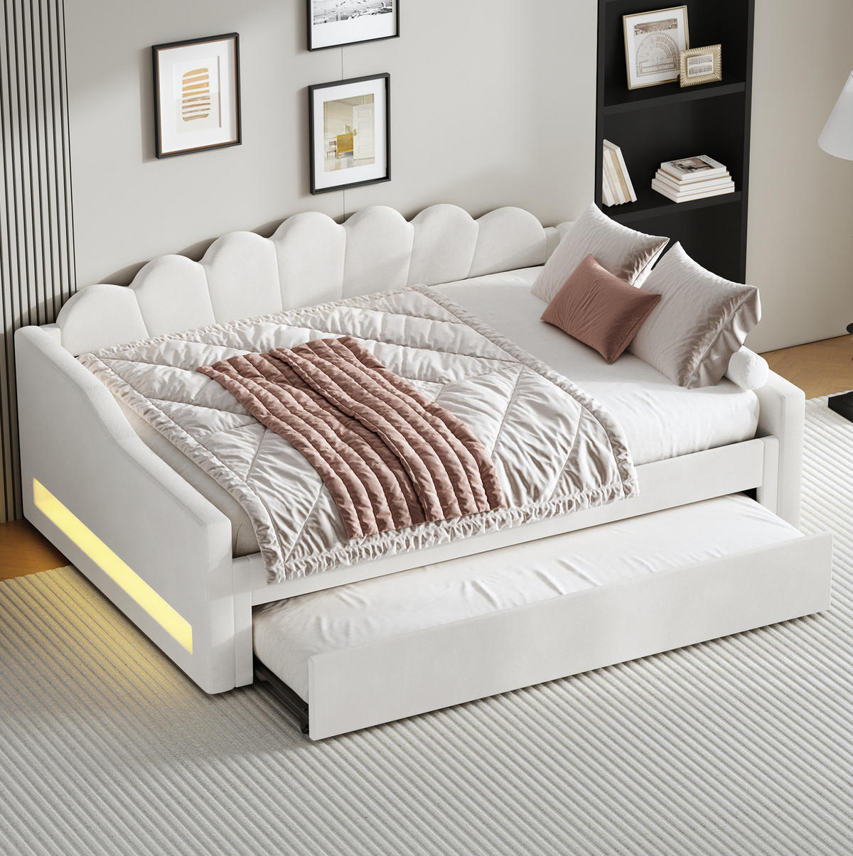TAGESBETT 140/200 cm mit LED-Beleuchtung, Ausziehbett und Leinenbezug, Beige - Beige, Holzwerkstoff (140/200cm) - Redom