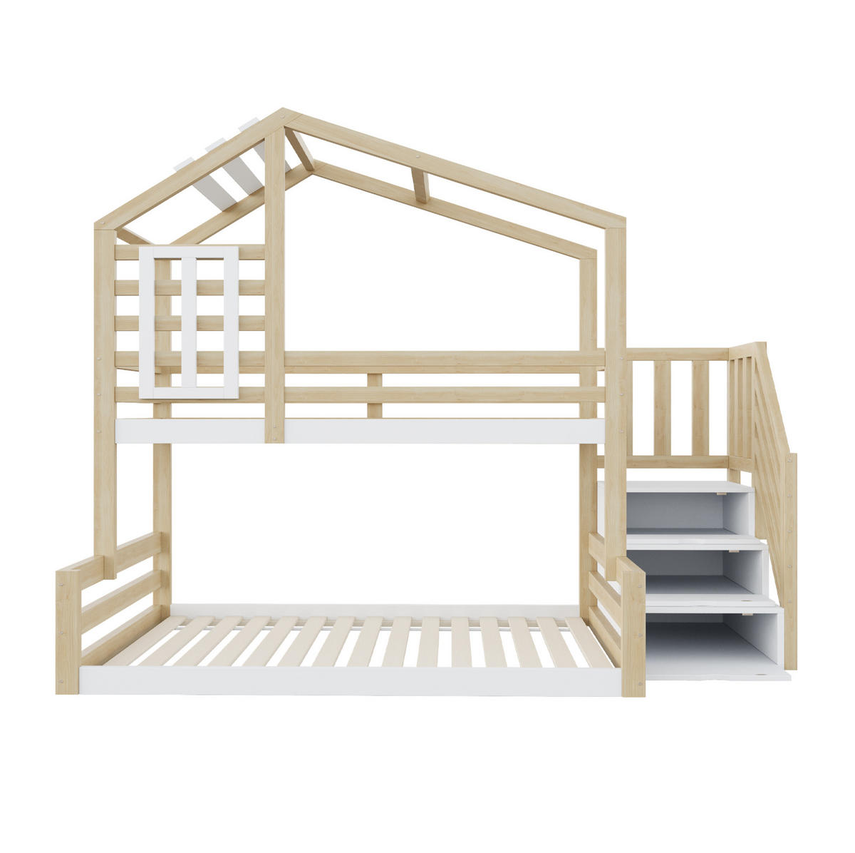 ETAGENBETT aus Kiefernholz 90x200/140x200 cm in Natur mit Treppenschrank & Fenster - Naturfarben, Holz (90/200cm) - Modfu
