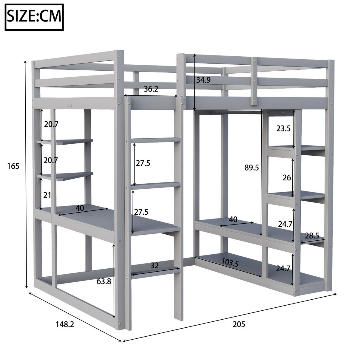 HOCHBETT 140/200 cm Grau mit Tisch und Regalen aus Massivholz - Grau, Holz (140/200cm) - OKWISH