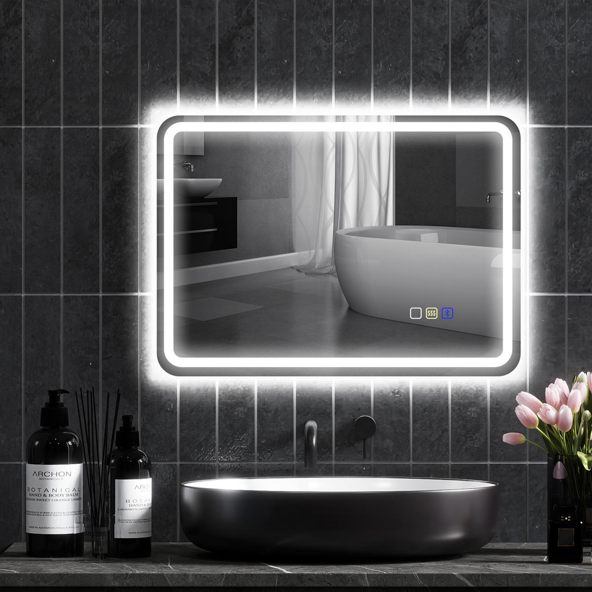 BADEZIMMERSPIEGEL mit LED-Beleuchtung, Anti-Beschlags-Pad, 3 verstellbare Farben - Silberfarben, Glas (50/3.5/70cm) - HOMCOM