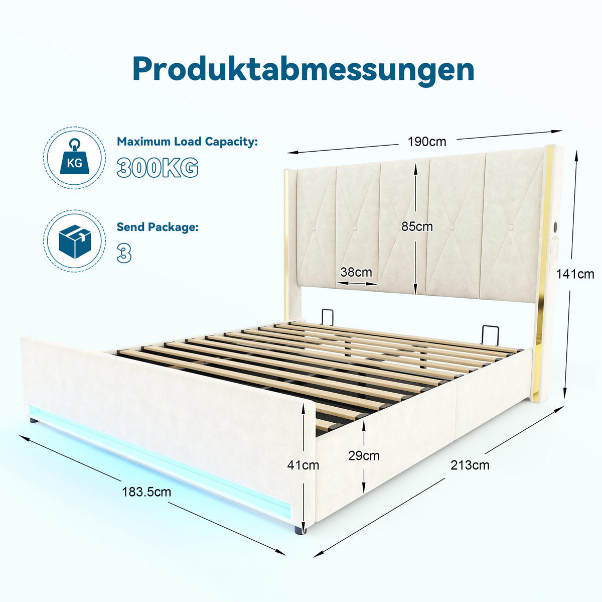 POLSTERBETT 180/200 cm mit LED, USB/Type-C, Seitentaschen und hydraulischem Bettkasten, Beige - Beige, Textil (180/200cm) - Redom