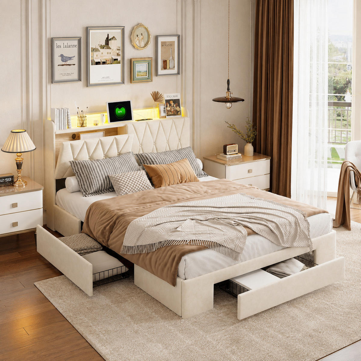 POLSTERBETT 160/200 cm mit Schubkasten‑Stauraum, LED‑Beleuchtung & USB‑Anschluss, Chesterfield‑Samtkopfteil - Beige, Holz/Metall (160/200cm) - Joyfair