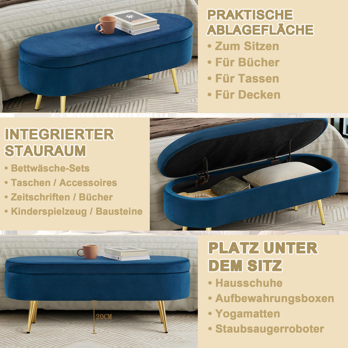AUFBEWAHRUNGSTRUHE velvet & gold 110 cm - Dunkelblau, Textil (110/42/40cm) - Urban Meuble