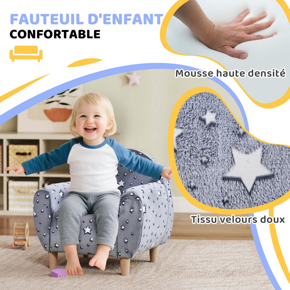 KINDERSESSEL DE-18968 leuchtende Sterne, Samtbezug Grau - Grau, Textil (40/55/55cm) - ComfortXL