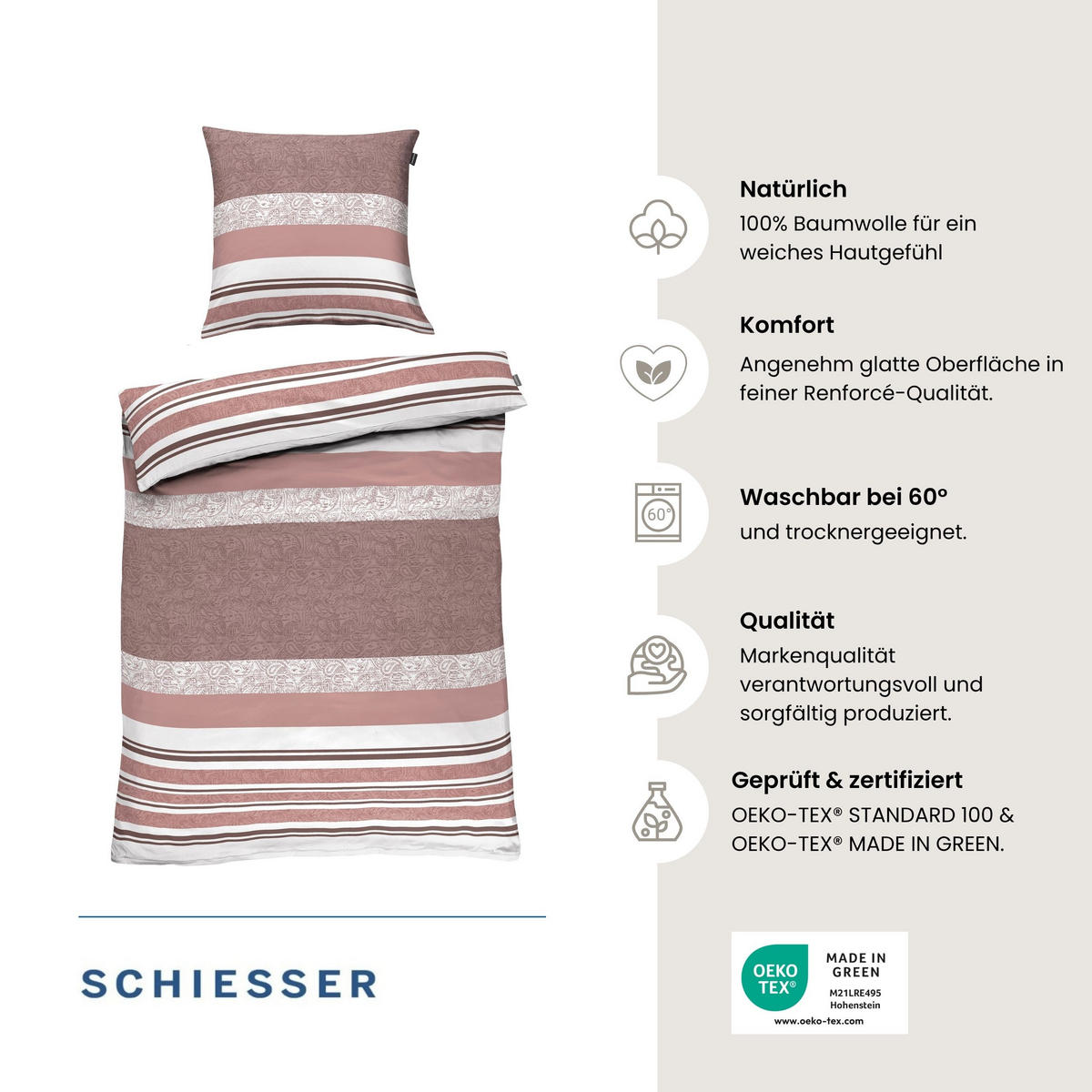 BETTWÄSCHESET Adele - Renforcé - 2-teilig - 135 x 200 cm - Puderrosa - Rosa, Textil (135/200cm) - SCHIESSER