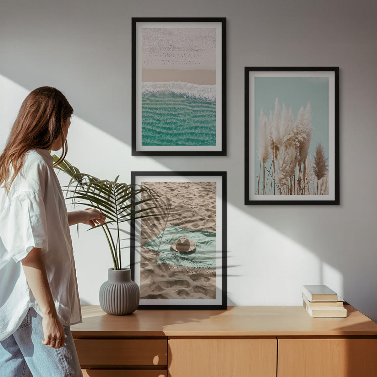 WANDBILDER 3er-Set - 40x60 cm Schwarzer Rahmen - Strandwellen Grashut - Schwarz, Kunststoff (40/60cm) - ArtPrintCave