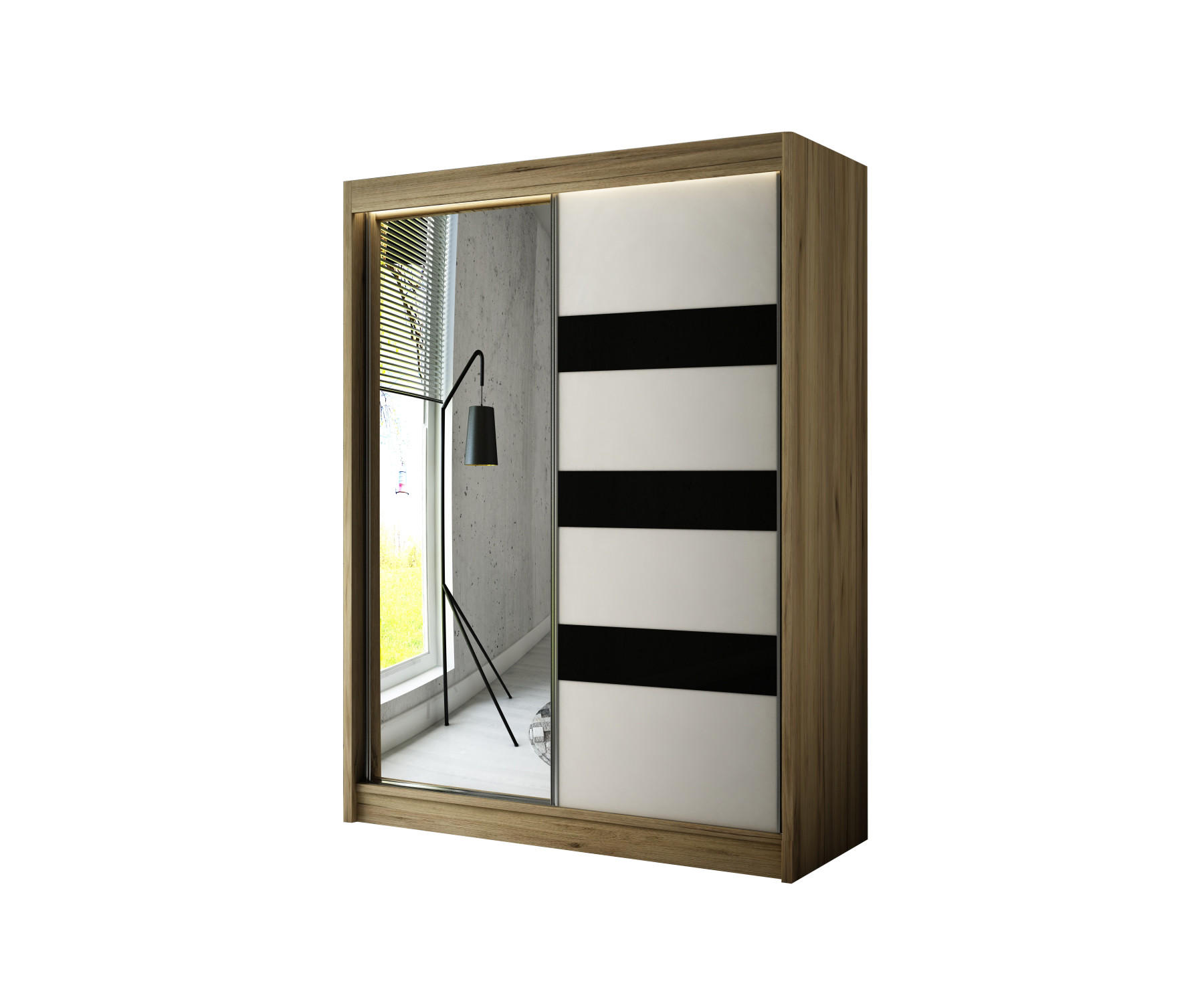 KLEIDERSCHRANK mit LED, Spiegel und Schiebetüre LOSTE - 200 cm Sonoma|Schwarz - Schwarz/Sonoma Eiche, Holzwerkstoff (200/215/61cm) - ALTDECOR