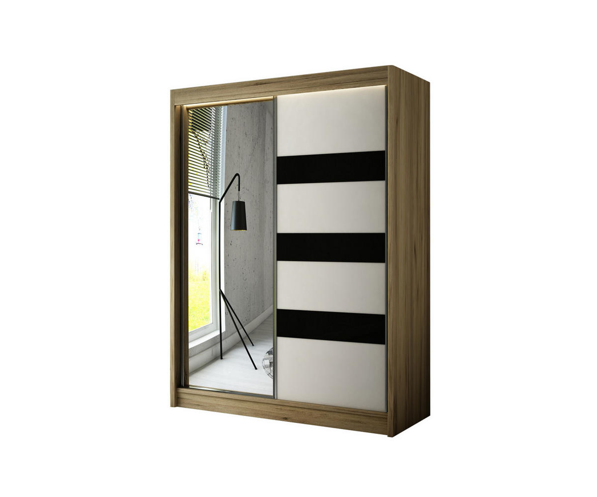 KLEIDERSCHRANK mit Spiegel und Schiebetüren LOSTE - 150 cm Sonoma|Schwarz - Schwarz/Sonoma Eiche, Holzwerkstoff (150/215/61cm) - ALTDECOR