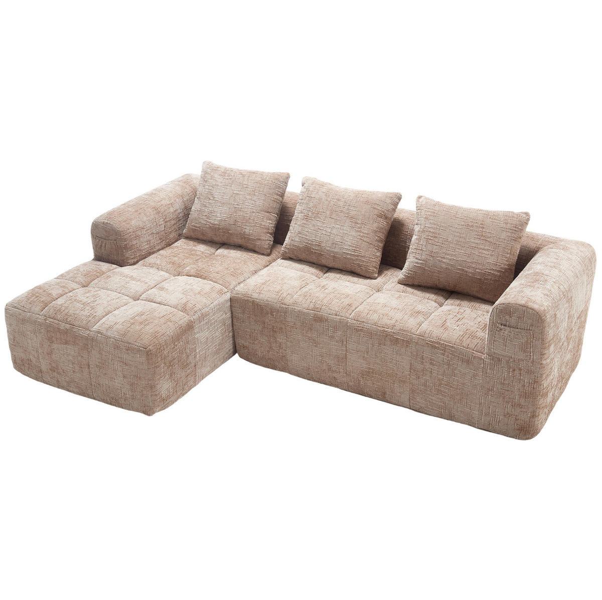 ECKSOFA L-Form 3-Sitzer mit Chaiselongue und Armlehnen Chenille khaki 250/158/60 cm - Naturfarben, Textil (250/158cm) - OKWISH