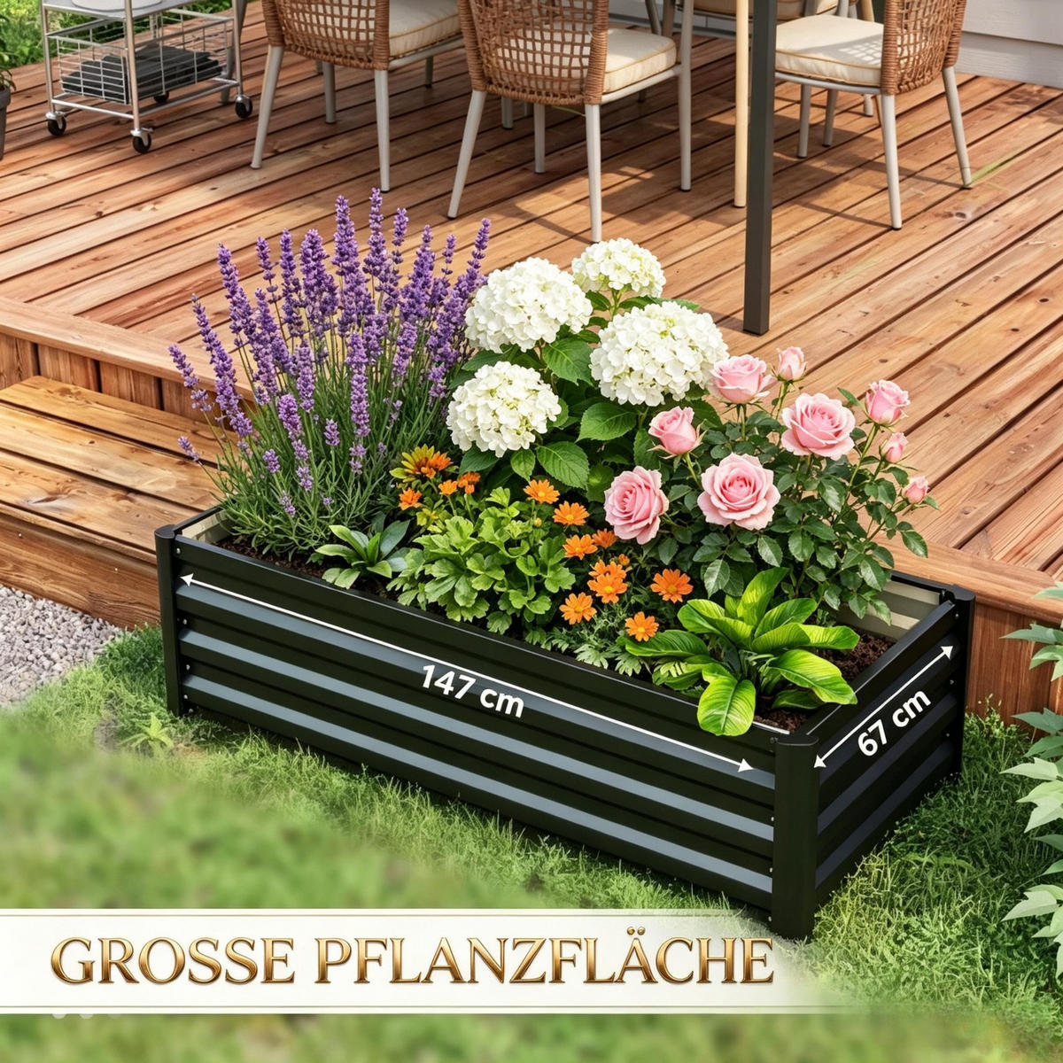 HOCHBEET 150/70/30 cm Schwarz mit Sicherheitsrand und offenem Boden - Schwarz, Metall (70/30/150cm) - Oxeza