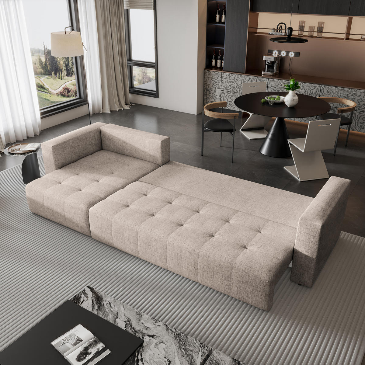 ECKSOFA OLVERA Beige Geflochtener Stoff mit Schlaffunktion - Beige, Holz (347/148cm) - MASSENO