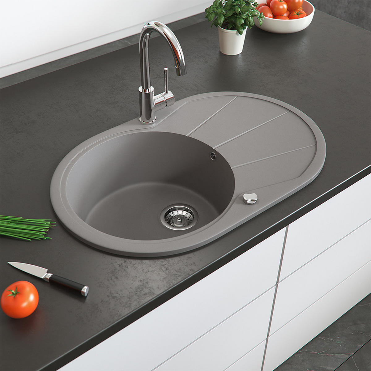 SPÜLBECKEN Beton 78 x 50 cm Rund mit Trockenplatz - Hellgrau, Keramik (78/20/50cm) - Bergstroem