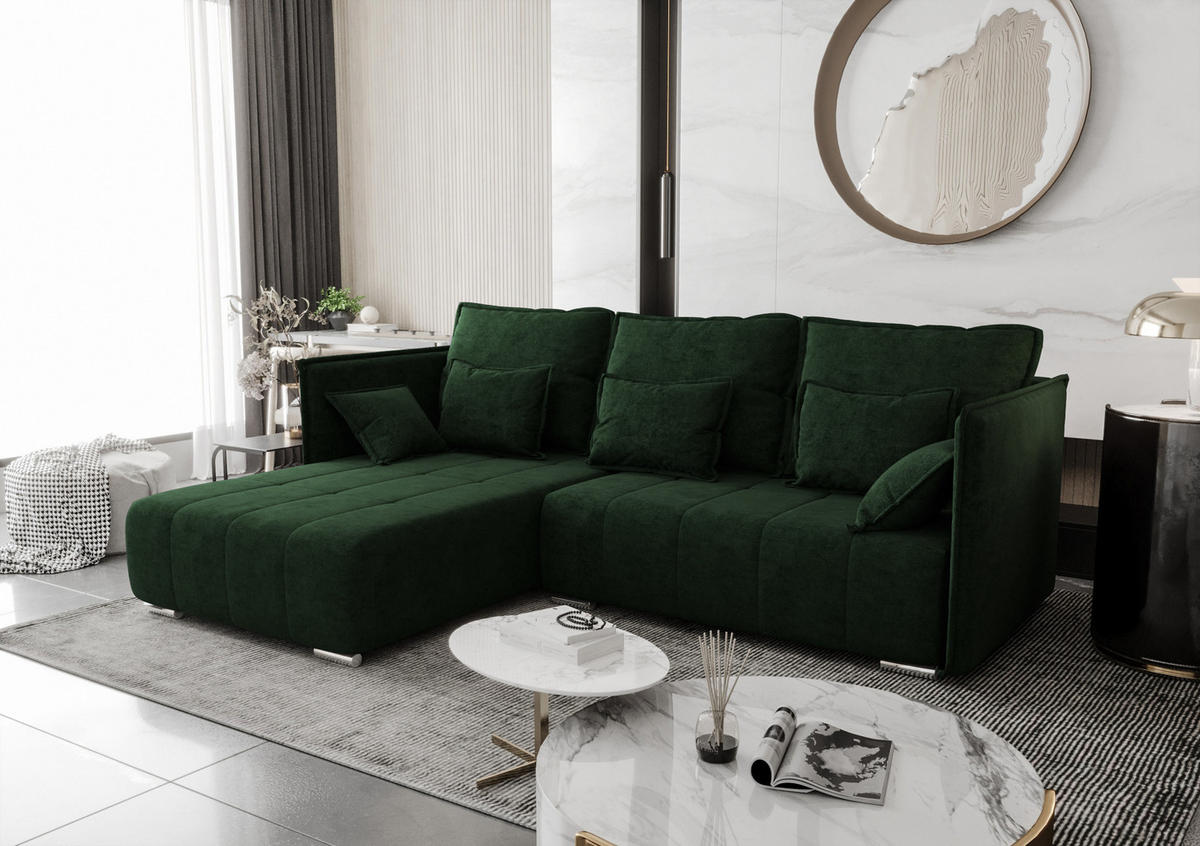 ECKSOFA L Form Florinna Grün 245/182/87 cm mit Schlaffunktion - Chromfarben/Grün, Textil/Metall (245/182cm) - AX Living