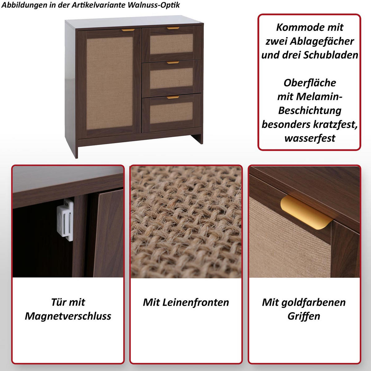 KOMMODE Walnuss Dekor - Walnussfarben, Holz (80/80/40cm) - MCW