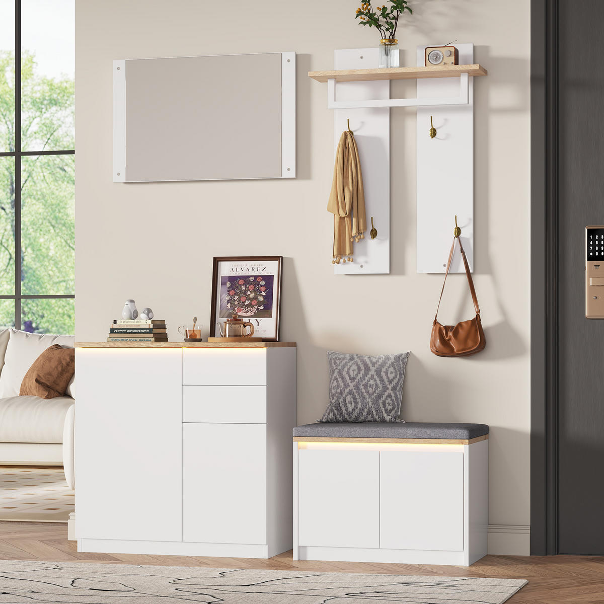 GARDEROBE 130x35x124.5cm mit Spiegel, LED und Schuhbank - Weiß, Holzwerkstoff (130/124.5/35cm) - FLIEKS