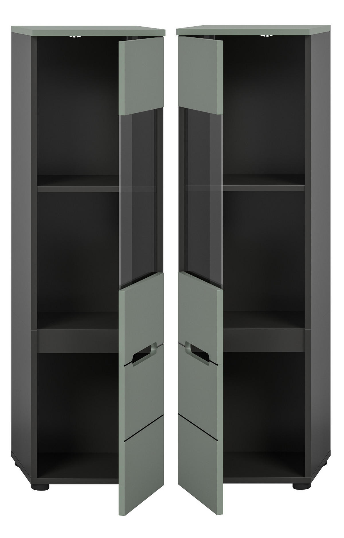 VITRINE Salbei Grün, Basalt Grau hängend / stehend 36 cm mit Soft-Close - Salbeigrün/Schwarz, Glas/Holzwerkstoff (36/125/33cm) - Inn.Furn