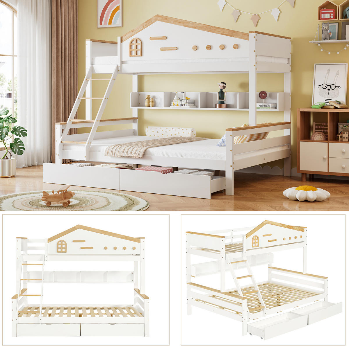ETAGENBETT 90/200 cm und 140/200 cm Weiß+Natur mit zwei Schubladen und Sicherheitsgitter - Weiß, Holzwerkstoff (90/200cm) - OKWISH