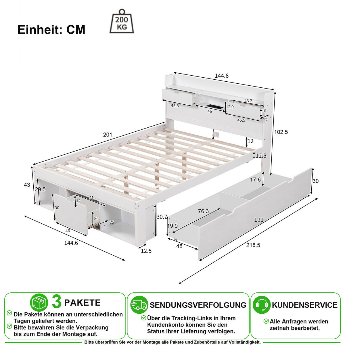 BETT 140/200 cm in Weiß mit Schubladen, Stauraum, USB und Type-C aus Kiefernholz - Weiß, Holz/Holzwerkstoff (140/200cm) - CHICFURN