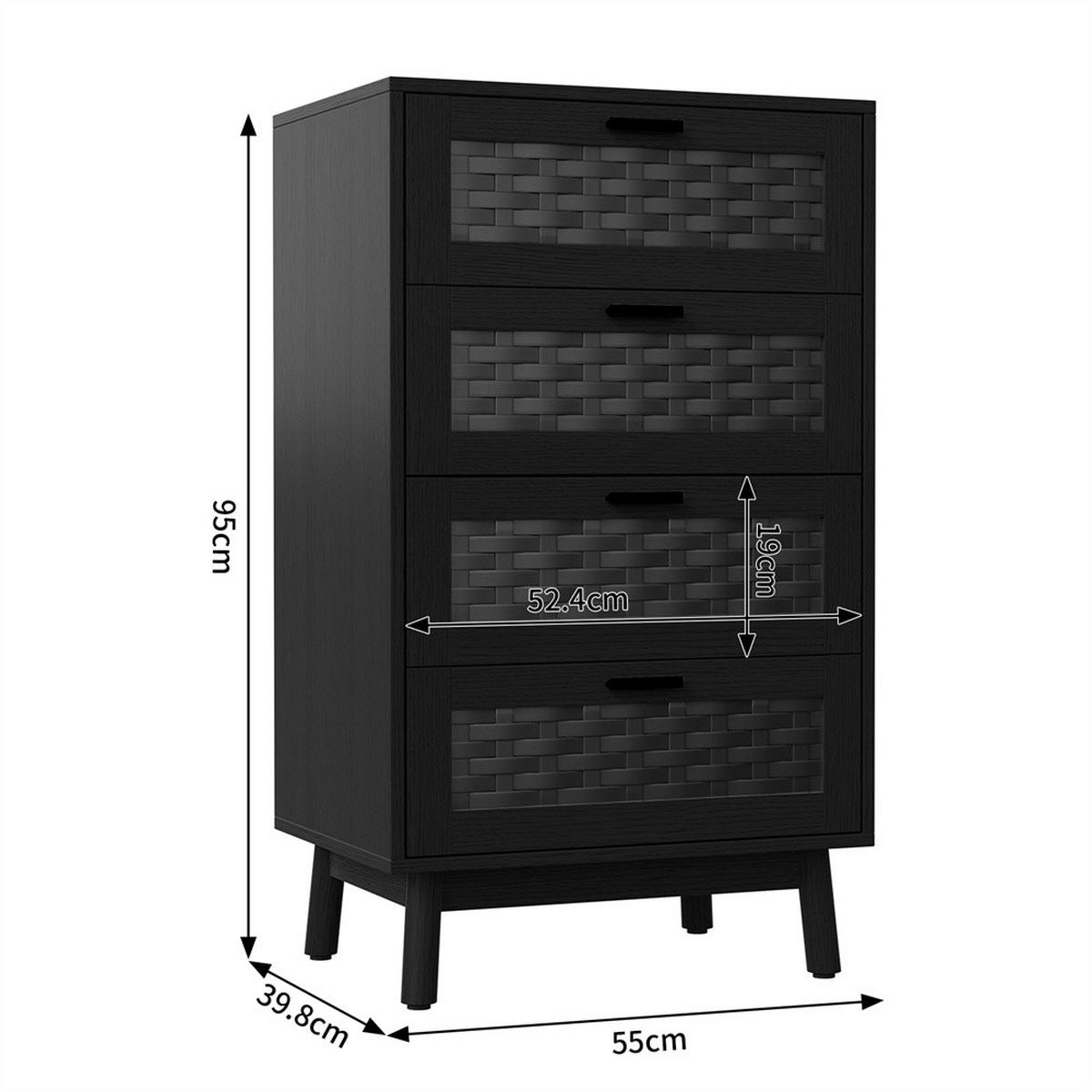KOMMODE mit 4 Schubladen - pflegeleichtes PVC-Geflecht und zylindrische Beine - Schwarz - Schwarz, Holzwerkstoff (39.8/95/55cm) - DELFA